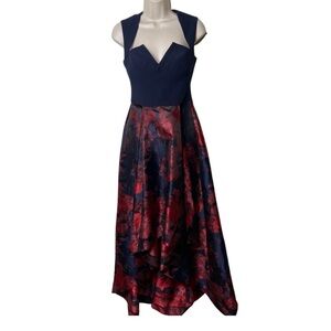 Black Halo EVE navy and red hi low bottom black tie event gown sz 2